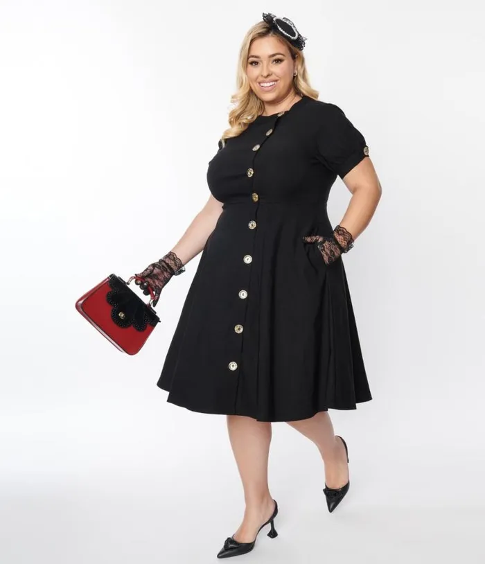 Plus Size Black Button Swing Dress DressesPlus Unique Vintage Pocket Dresses