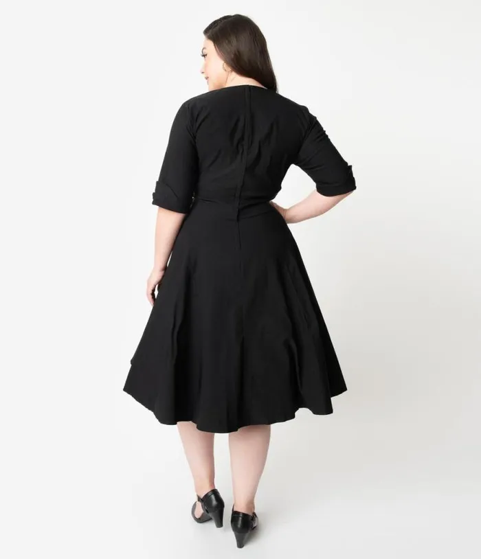 Plus Size Black Delores Swing Dress With Sleeves DressesPlus Unique Vintage Pocket Dresses
