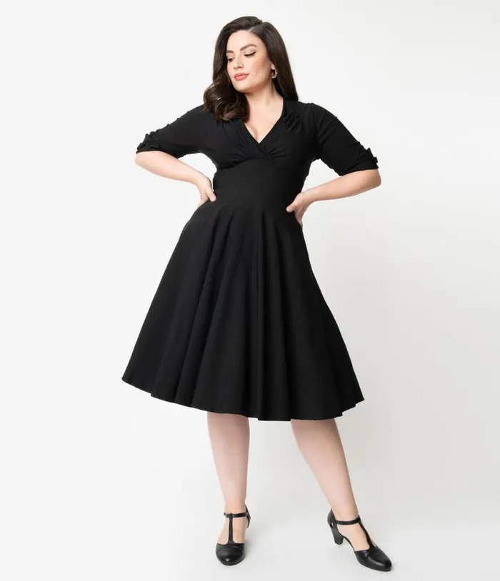 Plus Size Black Delores Swing Dress With Sleeves DressesPlus Unique Vintage Pocket Dresses