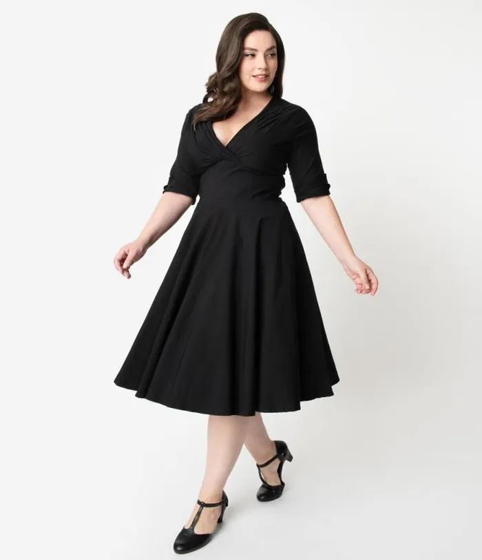 Plus Size Black Delores Swing Dress With Sleeves DressesPlus Unique Vintage Pocket Dresses