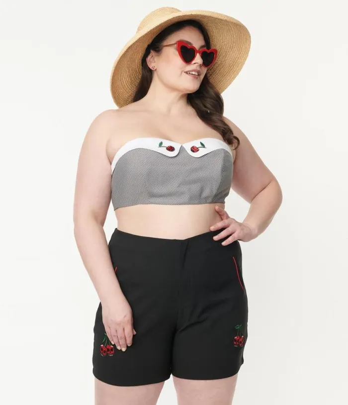 Plus Size Black Gingham and Cherry Skull Bandeau Crop Top Clothing Unique Vintage Blouses Plus Size Black Gingham and Cherry Skull Bandeau Crop Top Clothing Unique Vintage Blouses