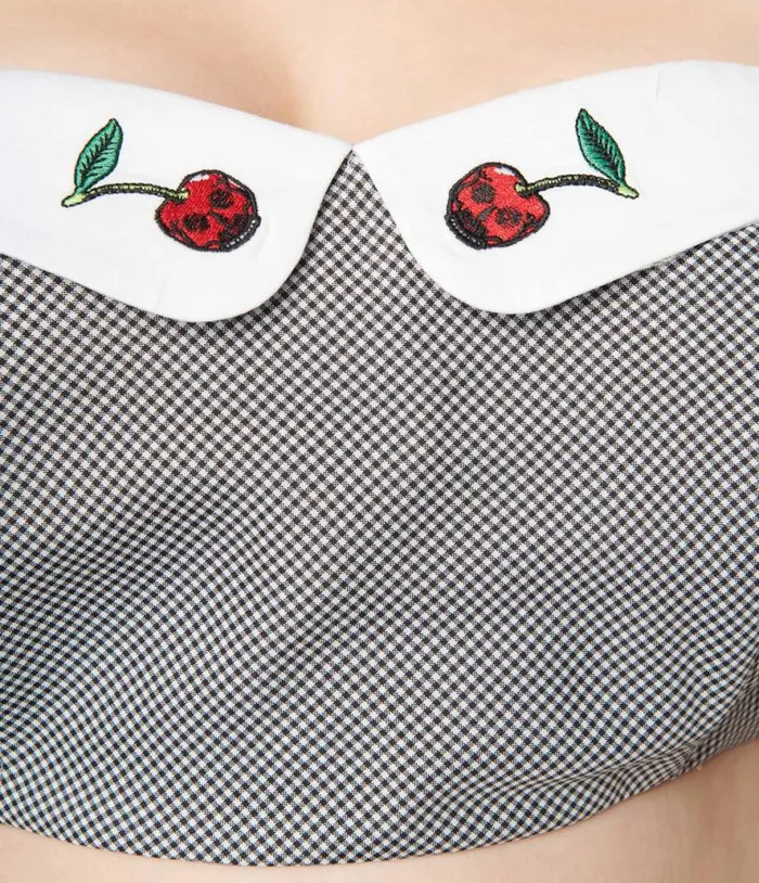 Plus Size Black Gingham and Cherry Skull Bandeau Crop Top Clothing Unique Vintage Blouses
