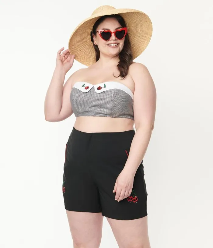 Plus Size Black Gingham and Cherry Skull Bandeau Crop Top Clothing Unique Vintage Blouses