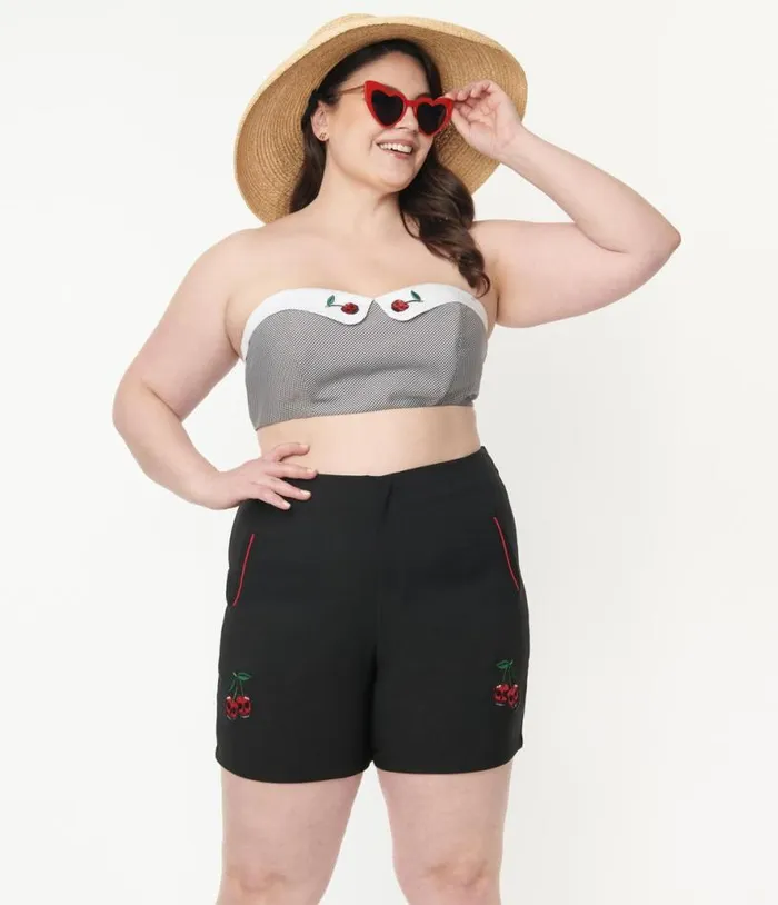 Plus Size Black Gingham and Cherry Skull Bandeau Crop Top Clothing Unique Vintage Blouses