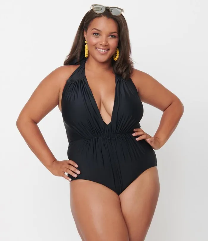 Plus Size Black Halter Shirred Derek One Piece Swimsuit Plus Unique Vintage One Piece Swim Plus Size Black Halter Shirred Derek One Piece Swimsuit Plus Unique Vintage One Piece Swim