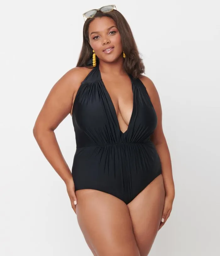 Plus Size Black Halter Shirred Derek One Piece Swimsuit Plus Unique Vintage One Piece Swim