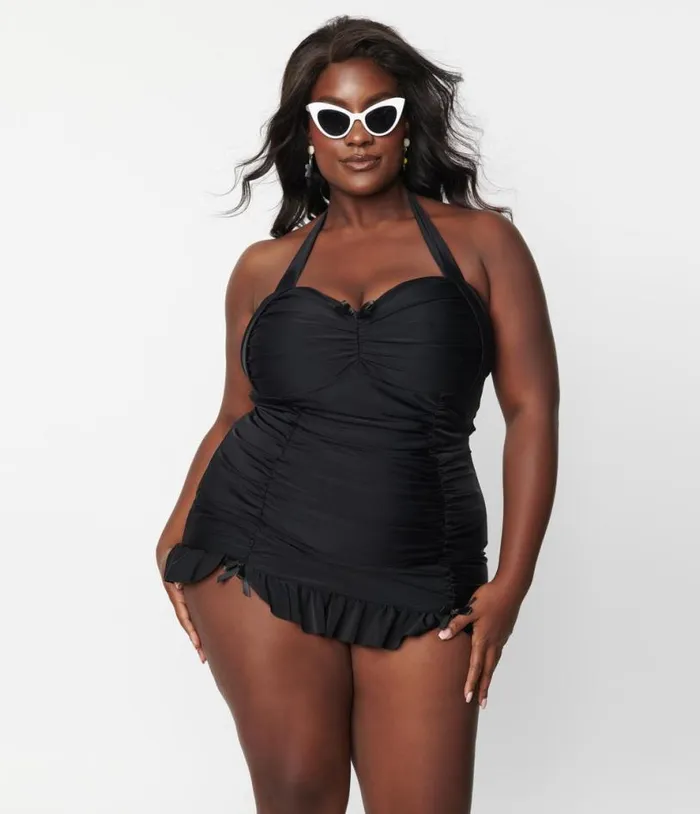 Plus Size Black Halter Swim Dress Plus Unique Vintage One Piece Swim