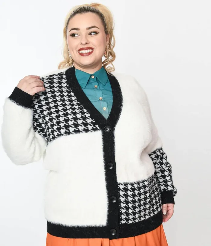 Plus Size Black Houndstooth and White Color Block Fuzzy Cardigan Clothing Unique Vintage Sweaters and Cardigans Plus Size Black Houndstooth and White Color Block Fuzzy Cardigan Clothing Unique Vintage Sweaters and Cardigans