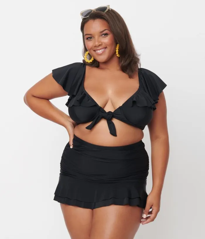 Plus Size Black Ruffled Cap Sleeve Frida Swim Top Plus Unique Vintage Two Piece Swim Plus Size Black Ruffled Cap Sleeve Frida Swim Top Plus Unique Vintage Two Piece Swim
