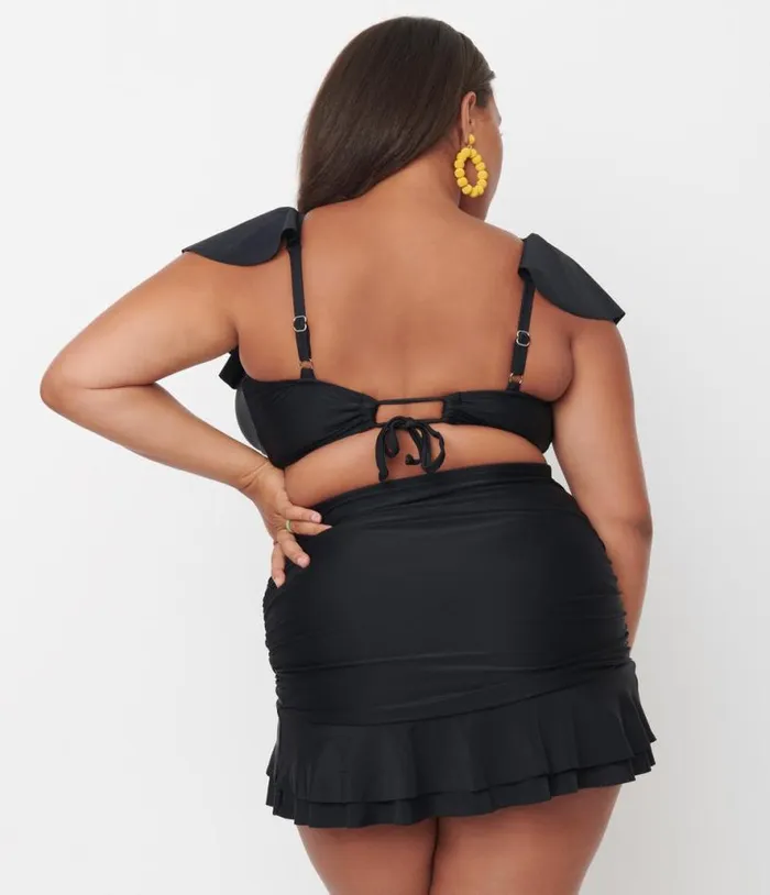 Plus Size Black Ruffled Cap Sleeve Frida Swim Top Plus Unique Vintage Two Piece Swim