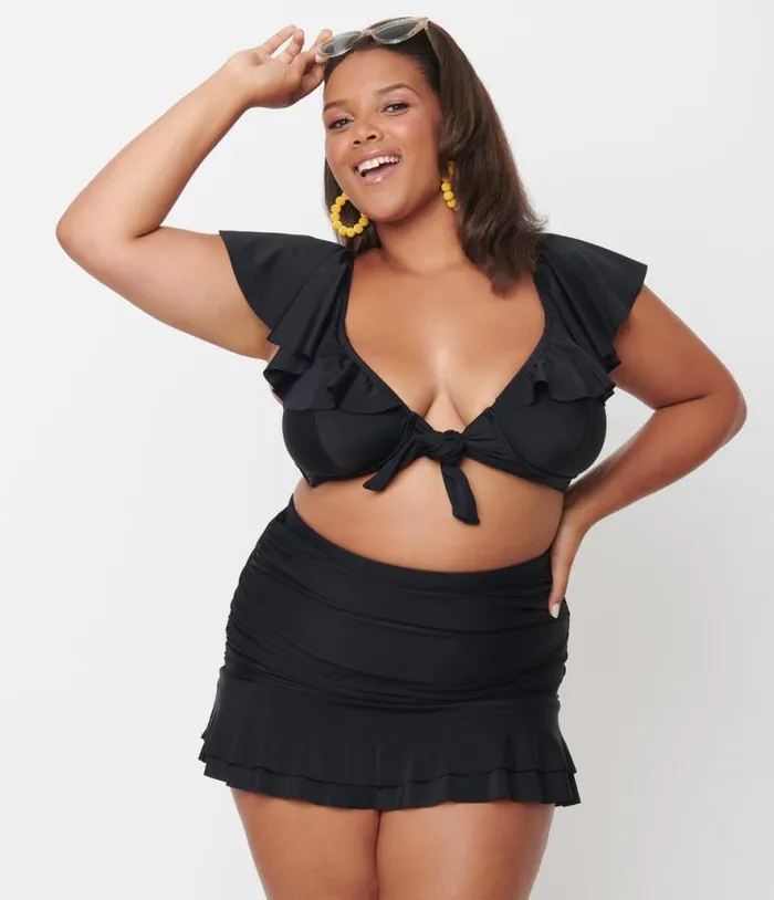 Plus Size Black Ruffled Cap Sleeve Frida Swim Top Plus Unique Vintage Two Piece Swim