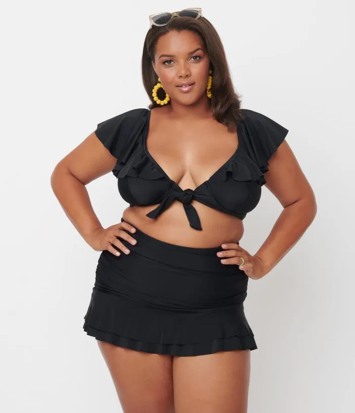 Plus Size Black Ruffled Cap Sleeve Frida Swim Top Plus Unique Vintage Two Piece Swim