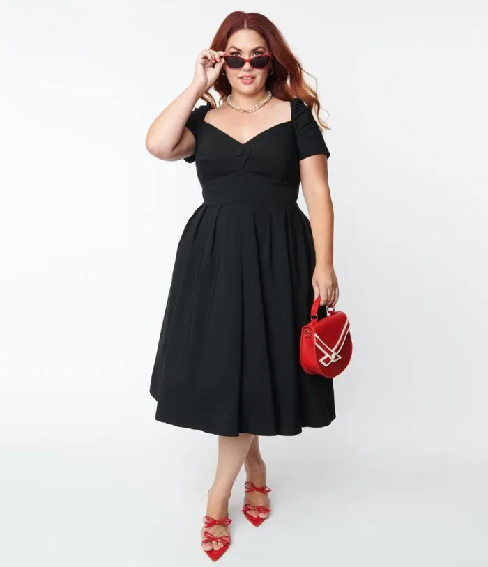 Plus Size Black Sweetheart Midge Swing Dress DressesPlus Unique Vintage Swing Plus Size Black Sweetheart Midge Swing Dress DressesPlus Unique Vintage Swing