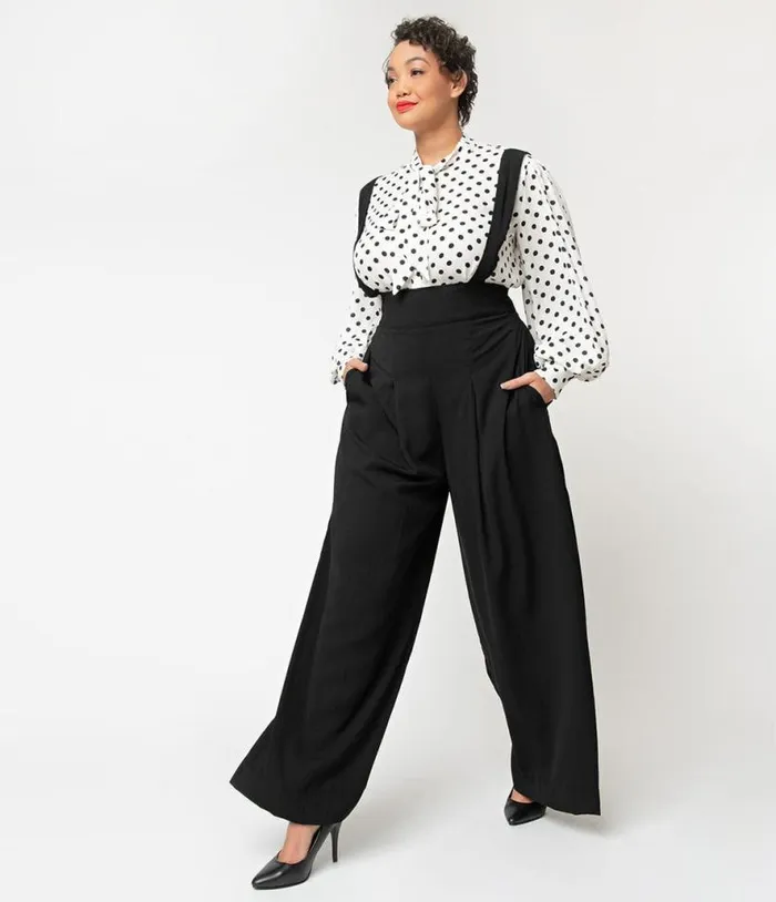 Plus Size Black Wide Leg Rochelle Suspender Pants ClothingPlus Unique Vintage Pants Plus Size Black Wide Leg Rochelle Suspender Pants ClothingPlus Unique Vintage Pants