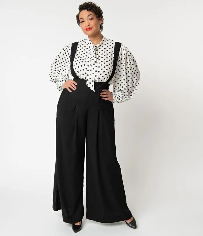 Plus Size Black Wide Leg Rochelle Suspender Pants ClothingPlus Unique Vintage Pants