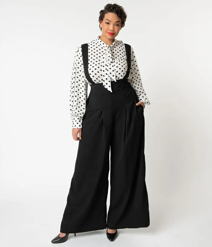 Plus Size Black Wide Leg Rochelle Suspender Pants ClothingPlus Unique Vintage Pants