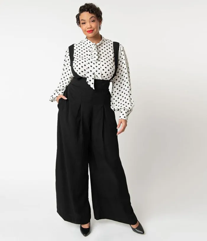 Plus Size Black Wide Leg Rochelle Suspender Pants ClothingPlus Unique Vintage Pants