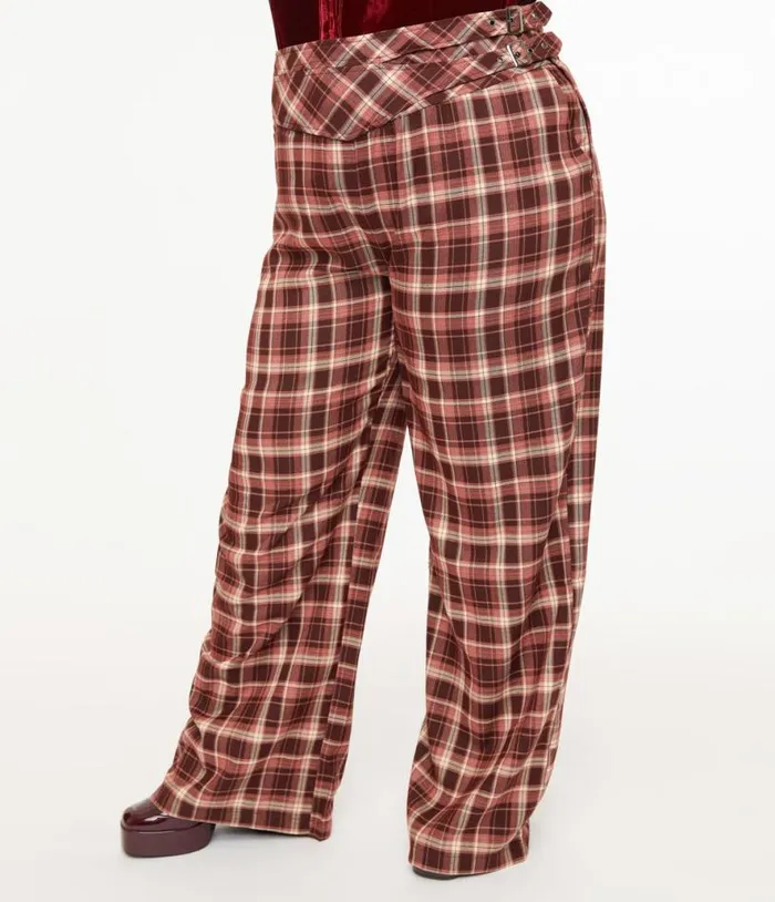 Plus Size Burgundy Plaid Double Belt Woven Pants ClothingPlus Unique Vintage Pants