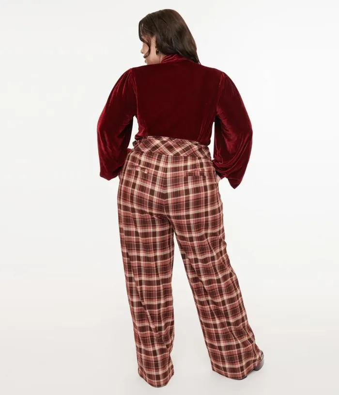 Plus Size Burgundy Plaid Double Belt Woven Pants ClothingPlus Unique Vintage Pants