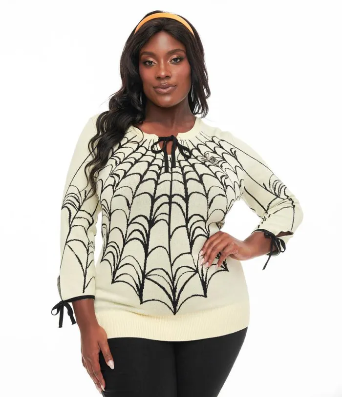 Plus Size Cream and Black Spiderweb Keyhole Sweater ClothingHalloweenPlus Unique Vintage Sweaters and Cardigans