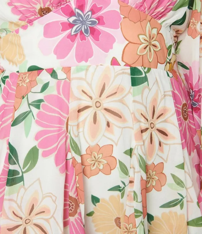 Plus Size Cream and Pink Floral Mini Dress DressesPlus Unique Vintage Babydoll