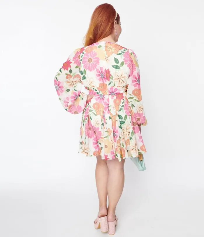 Plus Size Cream and Pink Floral Mini Dress DressesPlus Unique Vintage Babydoll