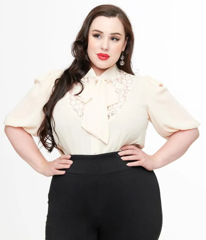 Plus Size Cream Short Sleeve Neck Tie Gwen Blouse ClothingPlus Unique Vintage Blouses