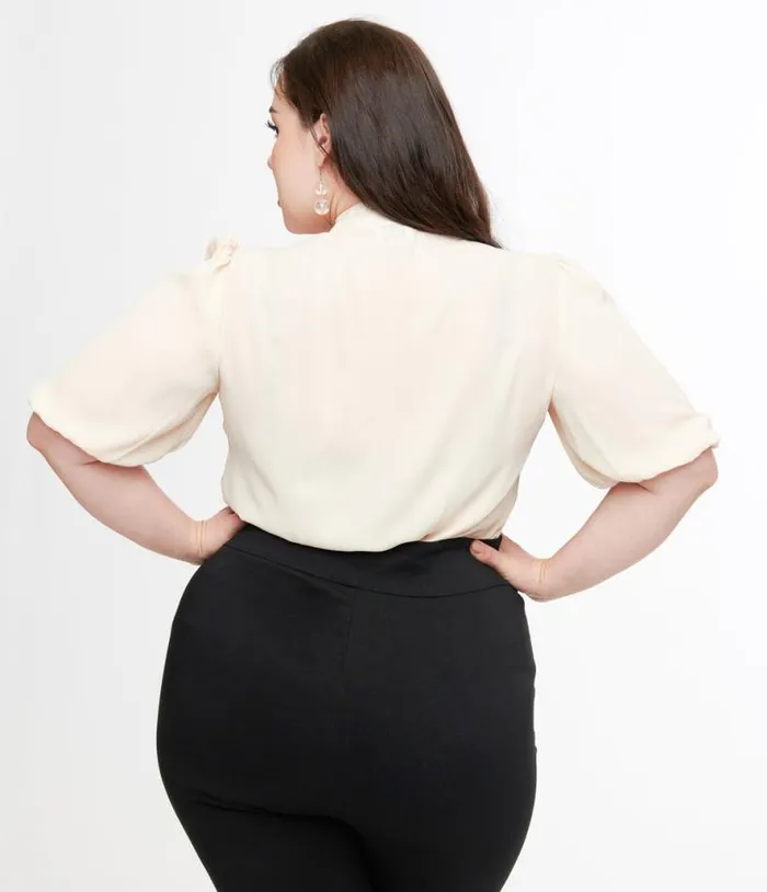 Plus Size Cream Short Sleeve Neck Tie Gwen Blouse ClothingPlus Unique Vintage Blouses