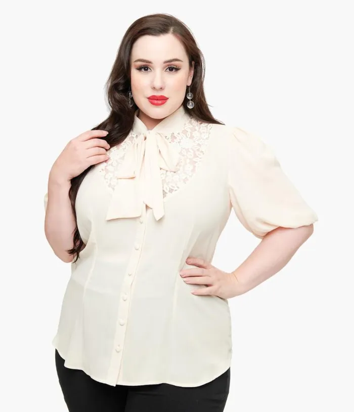 Plus Size Cream Short Sleeve Neck Tie Gwen Blouse ClothingPlus Unique Vintage Blouses