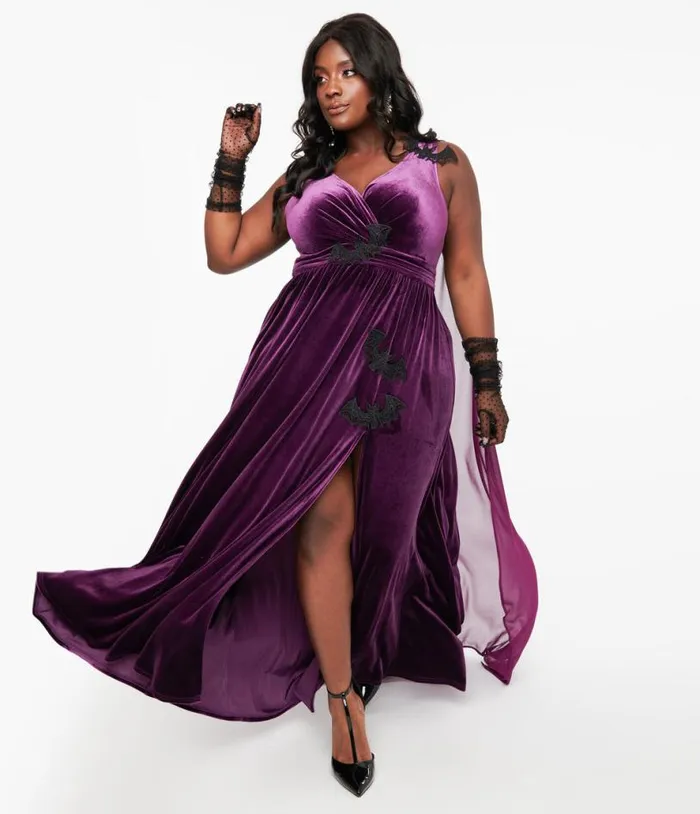 Plus Size Eggplant and Black Bat Velvet Cape Gown Halloween Unique Vintage Dresses Plus Size Eggplant and Black Bat Velvet Cape Gown Halloween Unique Vintage Dresses