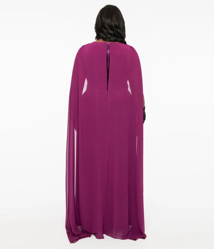Plus Size Eggplant and Black Bat Velvet Cape Gown Halloween Unique Vintage Dresses