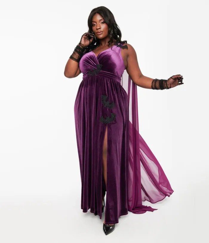 Plus Size Eggplant and Black Bat Velvet Cape Gown Halloween Unique Vintage Dresses