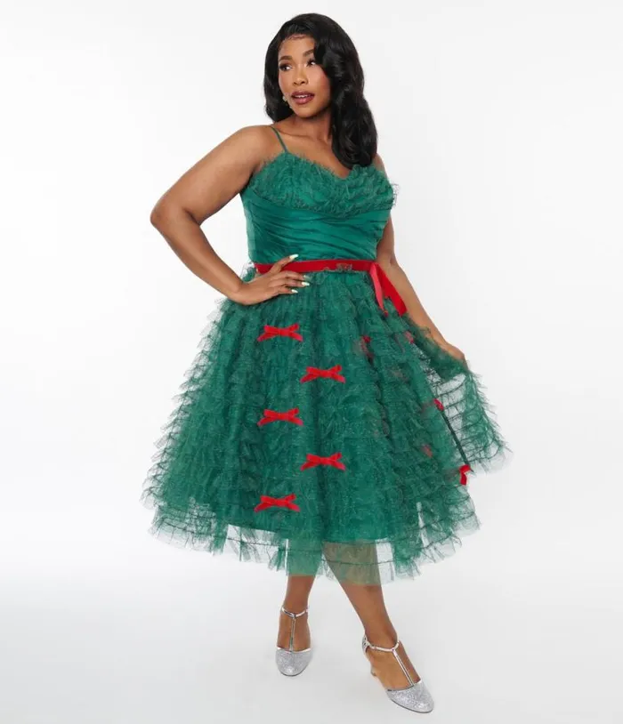 Plus Size Emerald Green and Red Ribbon Tulle Cupcake Swing Dress DressesPlus Unique Vintage Swing Plus Size Emerald Green and Red Ribbon Tulle Cupcake Swing Dress DressesPlus Unique Vintage Swing