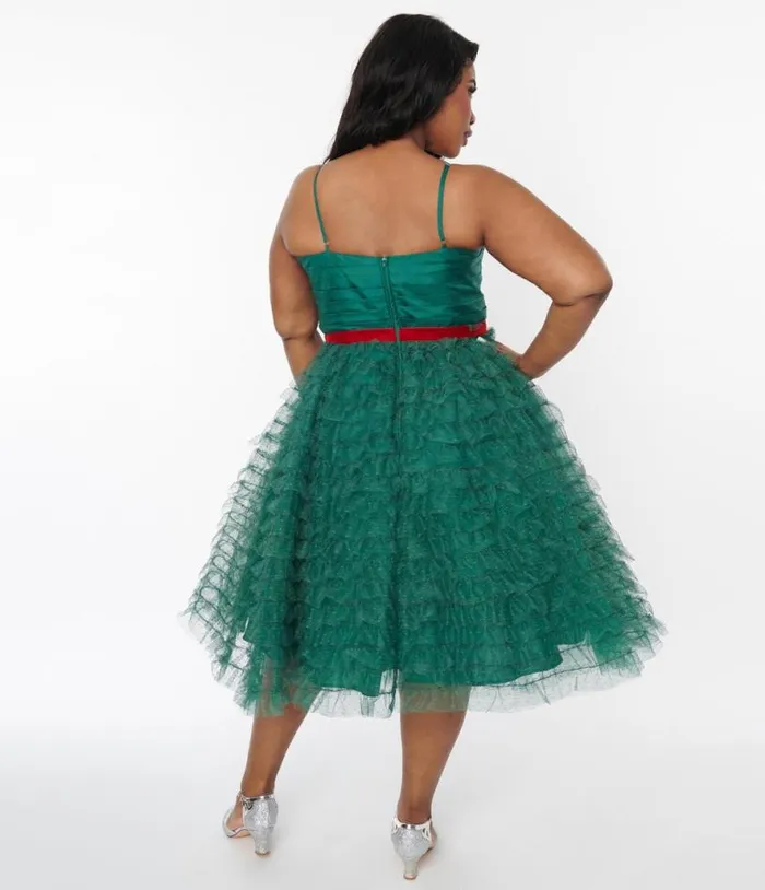 Plus Size Emerald Green and Red Ribbon Tulle Cupcake Swing Dress DressesPlus Unique Vintage Swing