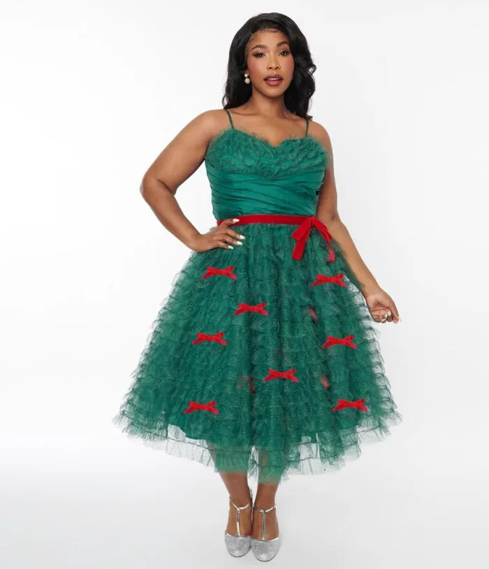 Plus Size Emerald Green and Red Ribbon Tulle Cupcake Swing Dress DressesPlus Unique Vintage Swing