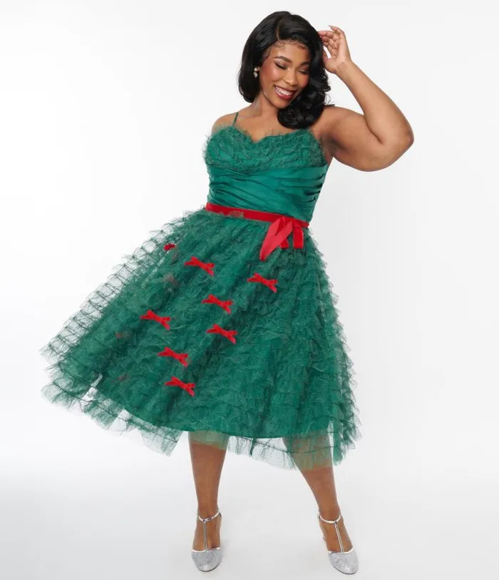 Plus Size Emerald Green and Red Ribbon Tulle Cupcake Swing Dress DressesPlus Unique Vintage Swing