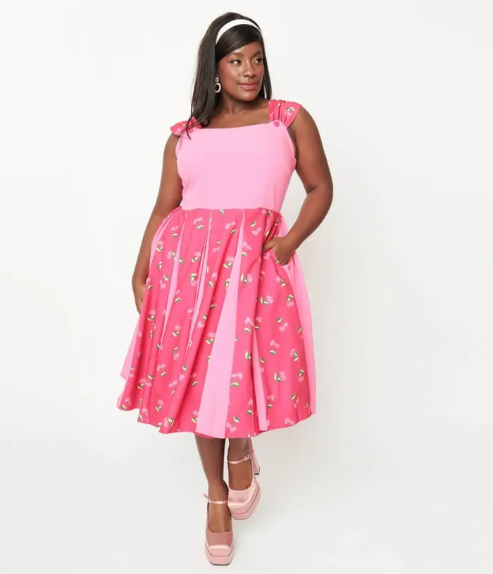 Plus Size Hot Pink and Heart Cherry Stripe Swing Dress DressesPlus Unique Vintage Swing