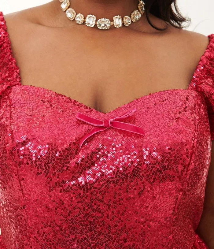 Plus Size Hot Pink Sequin Sweetheart Fit and Flare Dress DressesPlus Unique Vintage Fit and Flare