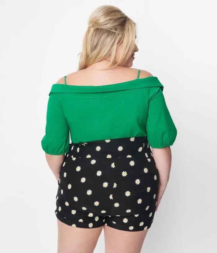 Plus Size Kelly Green Off The Shoulder Collared Top ClothingPlus Unique Vintage Blouses