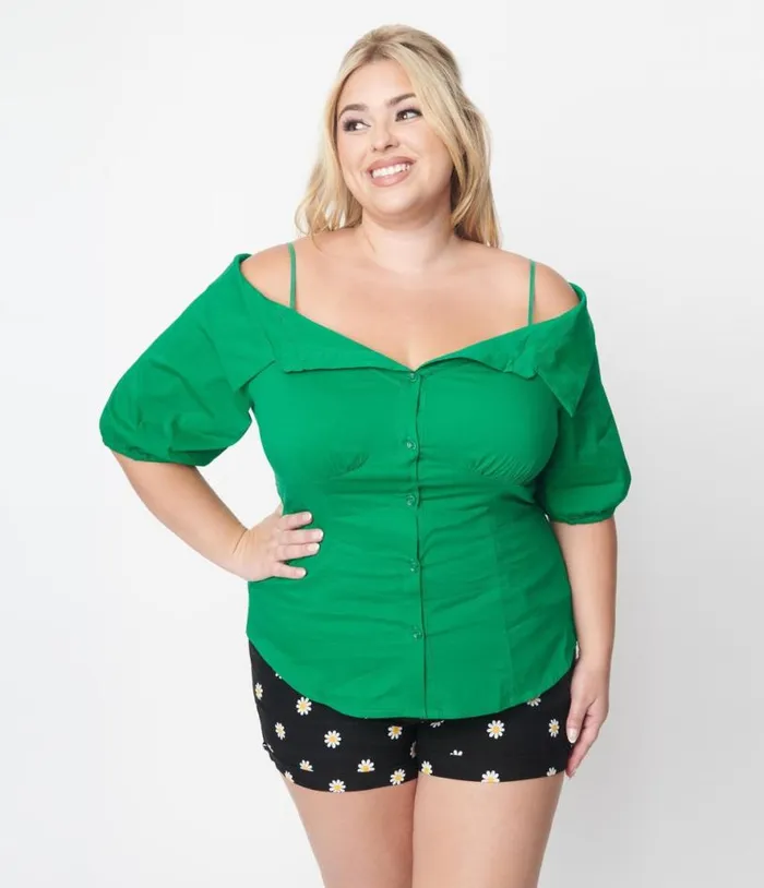 Plus Size Kelly Green Off The Shoulder Collared Top ClothingPlus Unique Vintage Blouses