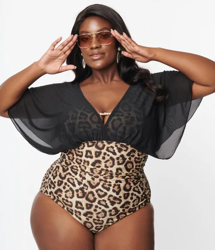 Plus Size Leopard and Black Mesh Sleeved Torrey Swimsuit Plus Unique Vintage One Piece Swim Plus Size Leopard and Black Mesh Sleeved Torrey Swimsuit Plus Unique Vintage One Piece Swim