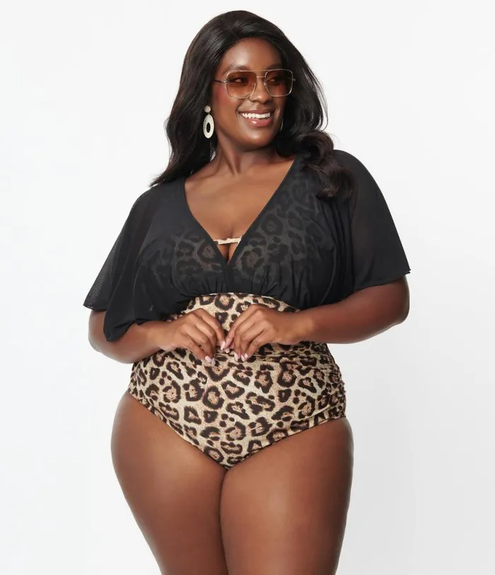 Plus Size Leopard and Black Mesh Sleeved Torrey Swimsuit Plus Unique Vintage One Piece Swim