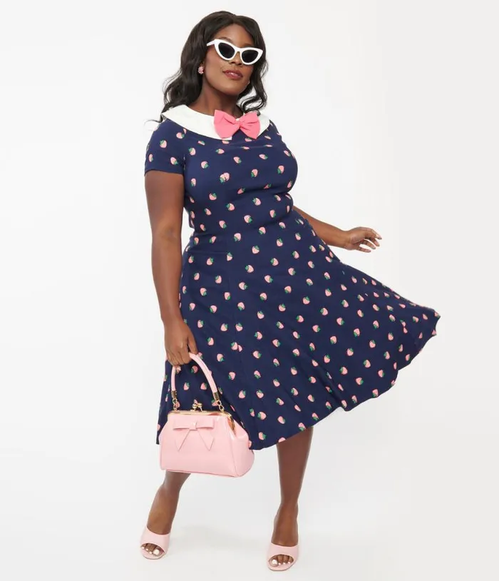 Plus Size Navy and Pink Strawberry Print Eloise Swing Dress DressesPlus Unique Vintage Swing Plus Size Navy and Pink Strawberry Print Eloise Swing Dress DressesPlus Unique Vintage Swing