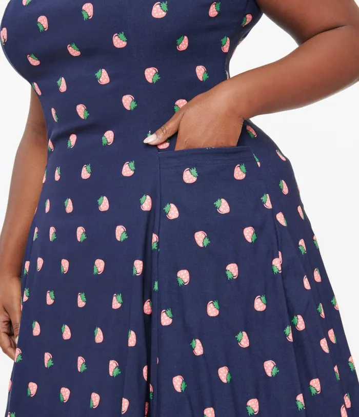 Plus Size Navy and Pink Strawberry Print Eloise Swing Dress DressesPlus Unique Vintage Swing