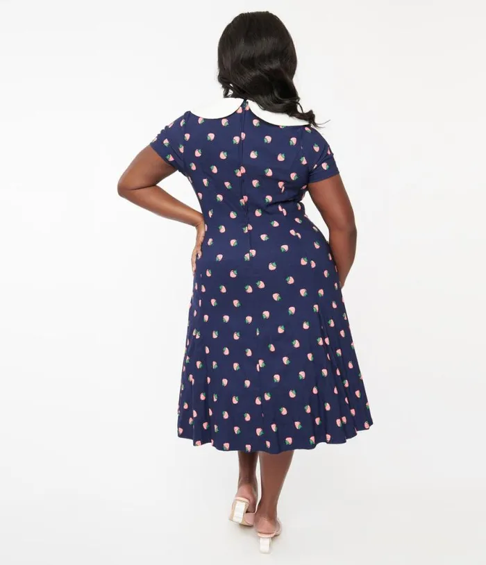 Plus Size Navy and Pink Strawberry Print Eloise Swing Dress DressesPlus Unique Vintage Swing