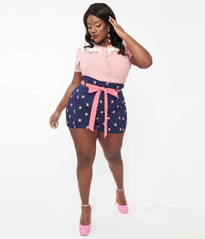 Plus Size Navy and Pink Strawberry Stamp Tied and True Shorts ClothingPlus Unique Vintage Shorts Plus Size Navy and Pink Strawberry Stamp Tied and True Shorts ClothingPlus Unique Vintage Shorts