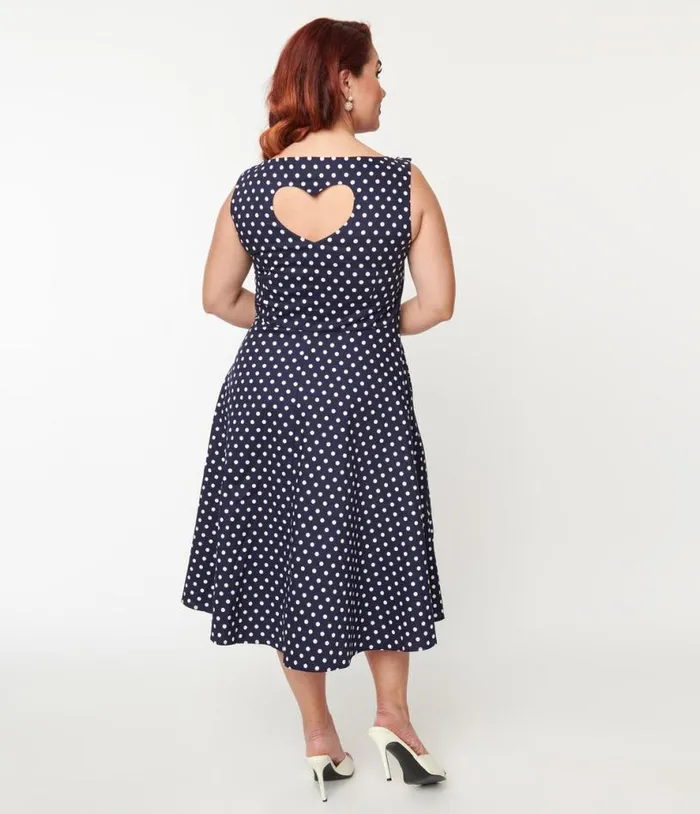 Plus Size Navy and White Polka Dot Swing Dress Dresses Unique Vintage Swing
