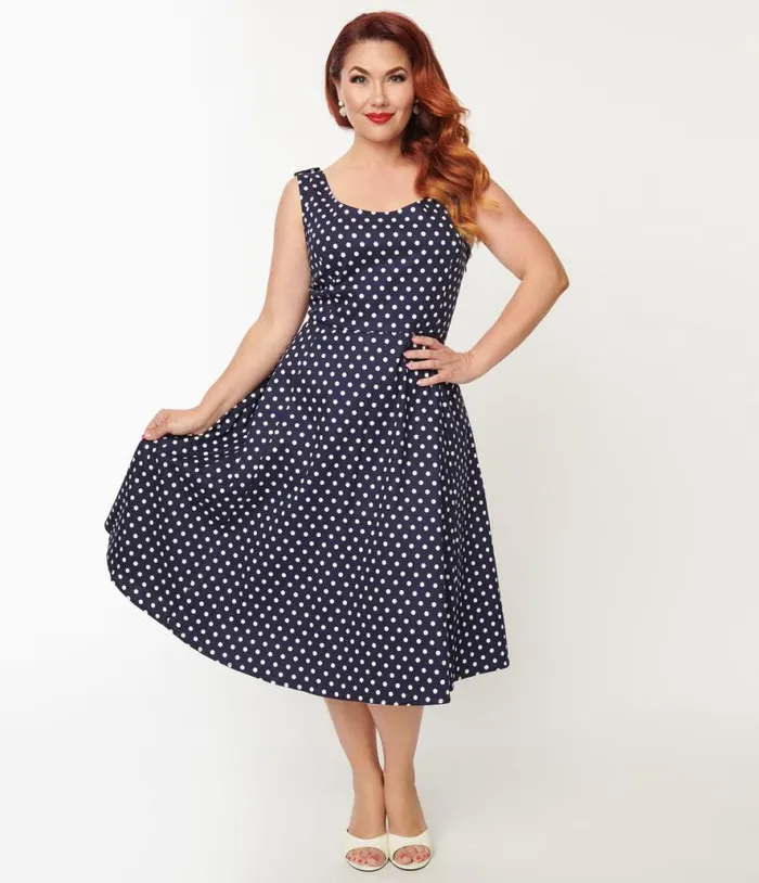 Plus Size Navy and White Polka Dot Swing Dress Dresses Unique Vintage Swing