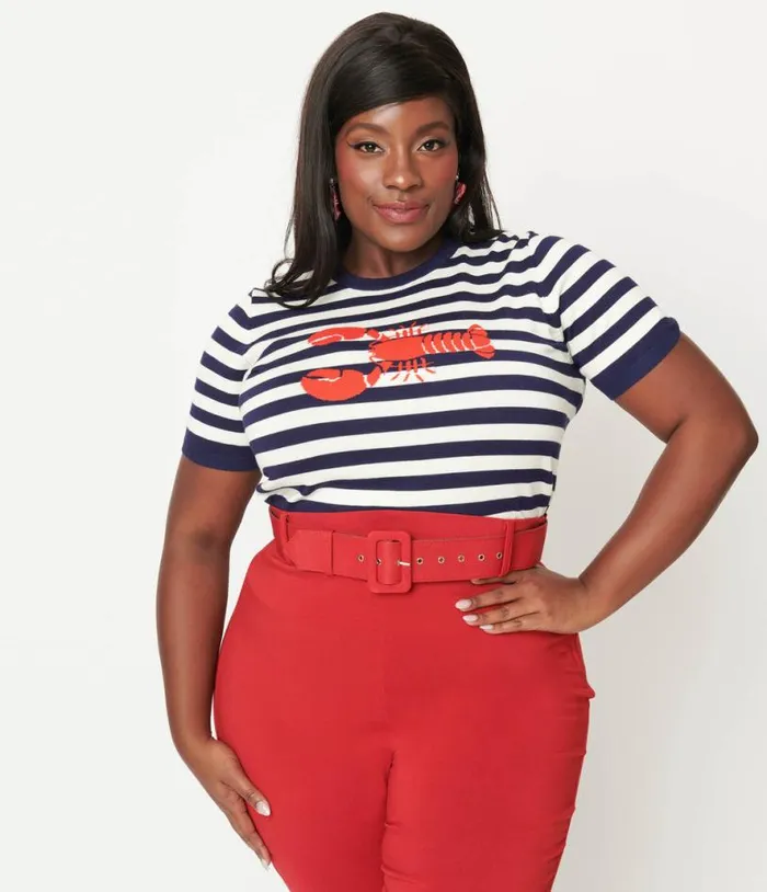 Plus Size Navy and White Stripe Lobster Sweater ClothingPlus Unique Vintage Sweaters and Cardigans Plus Size Navy and White Stripe Lobster Sweater ClothingPlus Unique Vintage Sweaters and Cardigans