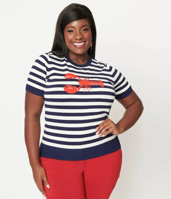 Plus Size Navy and White Stripe Lobster Sweater ClothingPlus Unique Vintage Sweaters and Cardigans